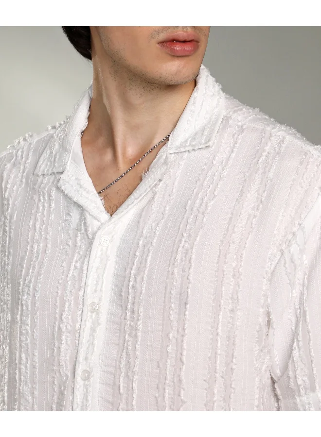 Campus Sutra Men's Chalk White Unhemmed Striped Oversized Shirt