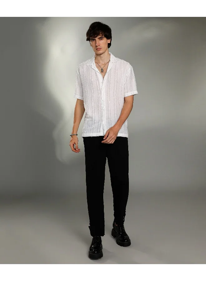 Campus Sutra Men's Chalk White Unhemmed Striped Oversized Shirt