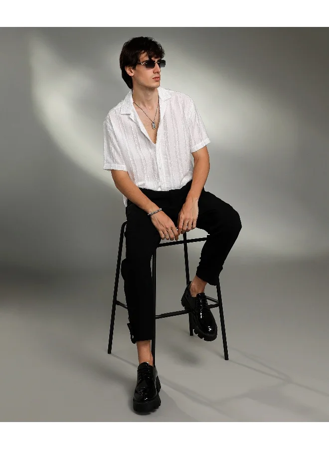 Campus Sutra Men's Chalk White Unhemmed Striped Oversized Shirt