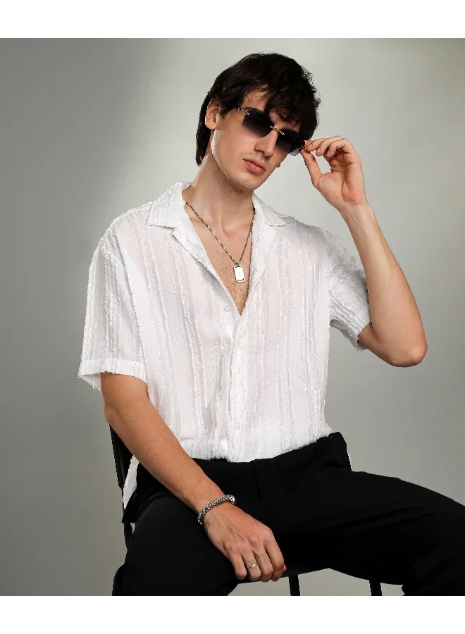 Campus Sutra Men's Chalk White Unhemmed Striped Oversized Shirt