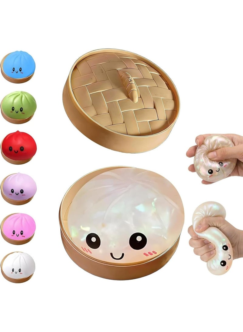 GIOIO Dumpling Squishies Toy, Giant Glitter Dumpling, Colorful Steamed Bun Stress Balls Fidget Sensory Toy,Squeeze Dough Ball Stress Relief Hand Toys with Food Steamer Stretchy Desk Toys - Image 1