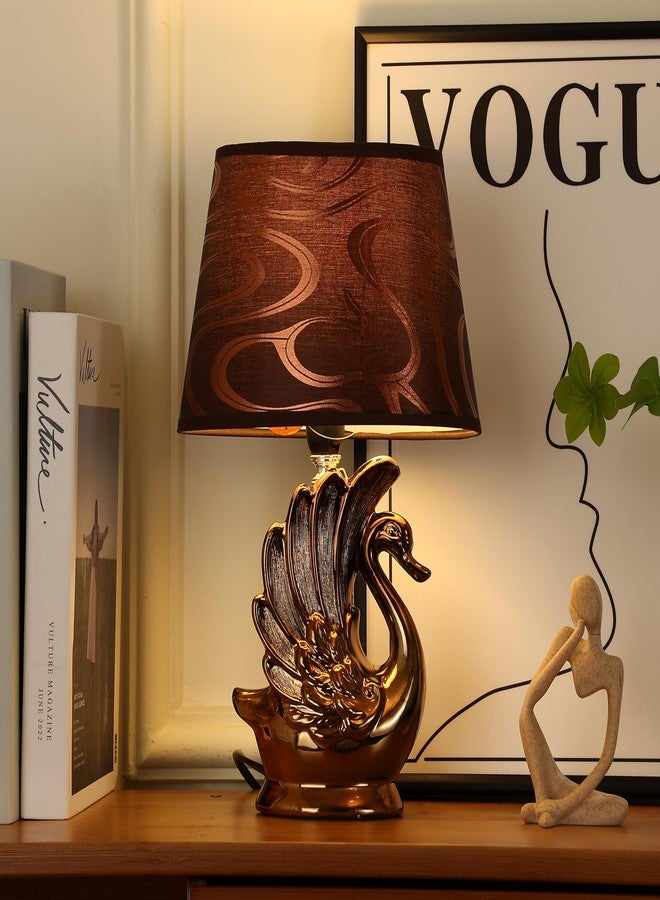 HOME ELEMENTS Swan Table Lamp, Modern Ceramic Table Lamp with Fabric Shade, Bedside Night Light for Bedroom Living Room, Home Decor Items, Reading Desk lamp, Nightstand Lamp 20x32cm (Copper Gold) - Image 1