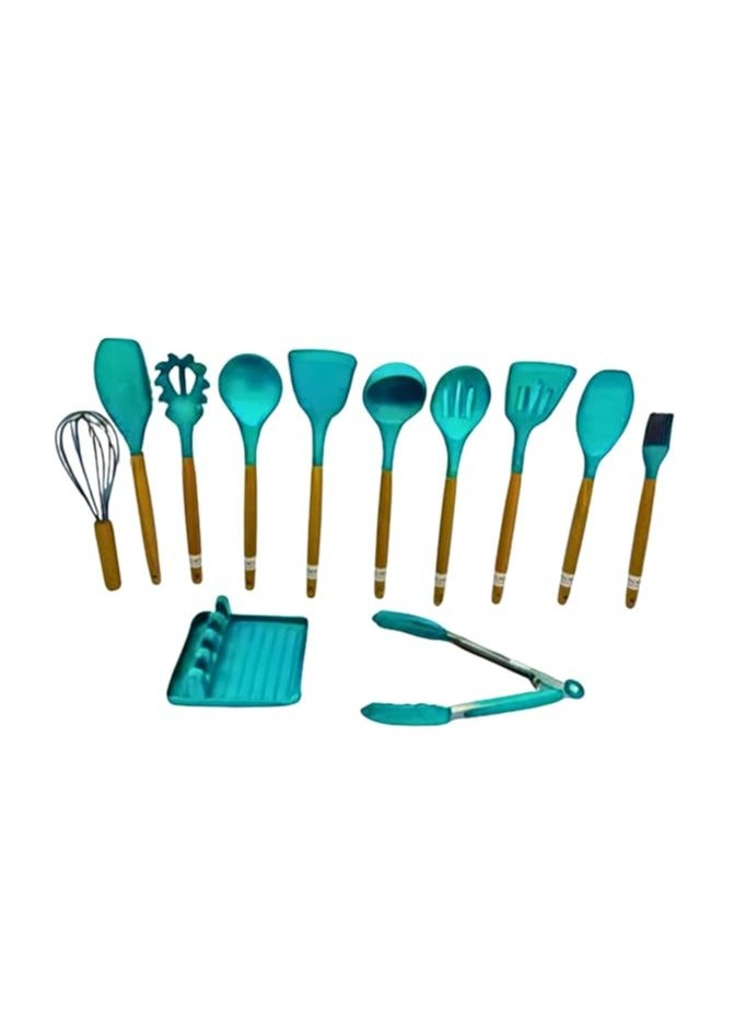 13 Pieces Silicone Cooking Utensils - Long Wooden Handles, Light Green - Image 1
