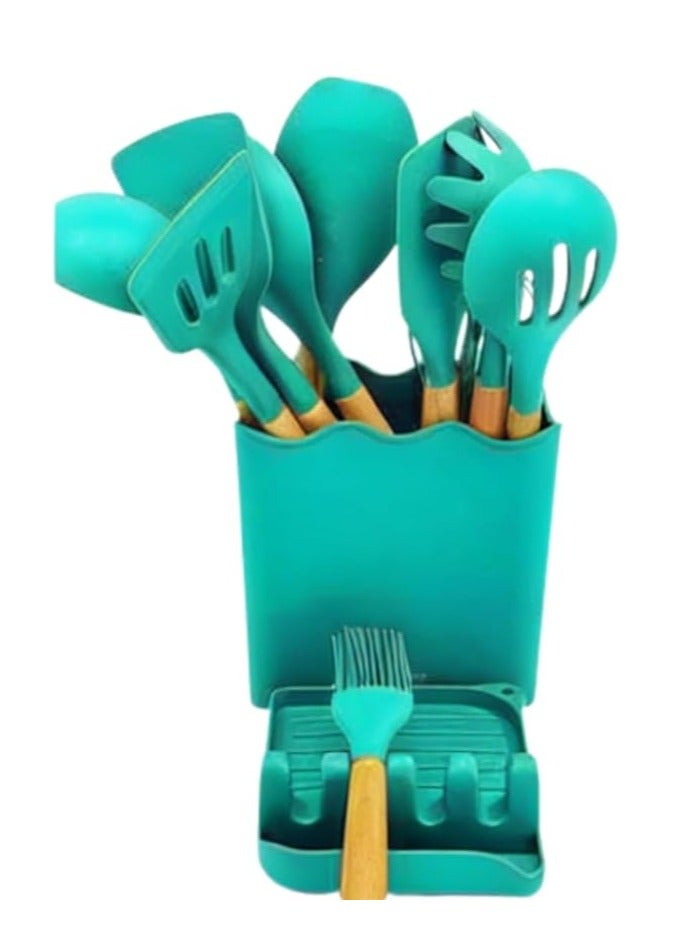13 Pieces Silicone Cooking Utensils - Long Wooden Handles, Light Green - Image 2