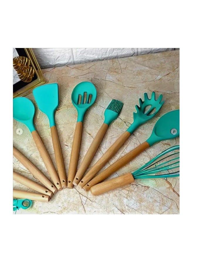 13 Pieces Silicone Cooking Utensils - Long Wooden Handles, Light Green - Image 3