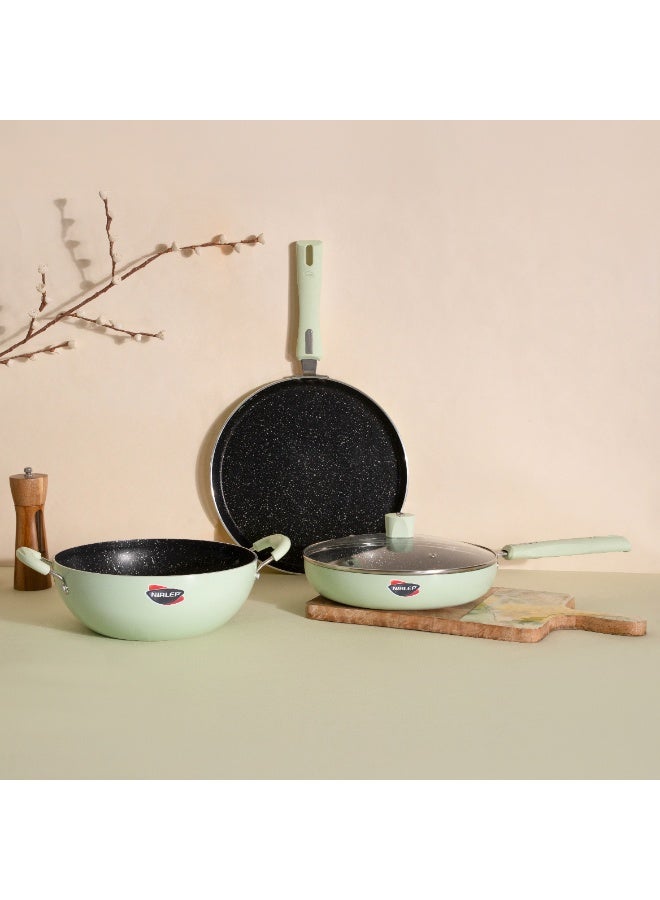 NIRLEP NutriHealth Pro 3-Piece Gift Set with Induction: Flat Griddle 27cm, Fry Pan 24cm, Deep Kadhai 24cm with Glass Lid | To Make Dosas, Uttapams, Parathas, Chillas, Omelettes, Crepes  - Image 4