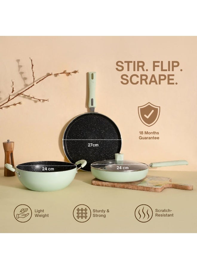 NIRLEP NutriHealth Pro 3-Piece Gift Set with Induction: Flat Griddle 27cm, Fry Pan 24cm, Deep Kadhai 24cm with Glass Lid | To Make Dosas, Uttapams, Parathas, Chillas, Omelettes, Crepes  - Image 2