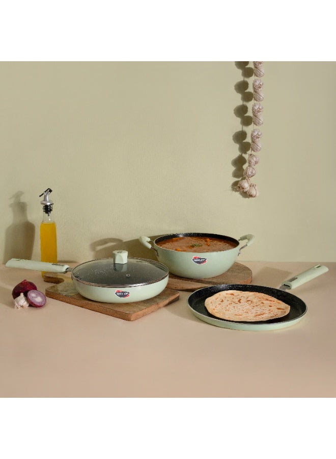 NIRLEP NutriHealth Pro 3-Piece Gift Set with Induction: Flat Griddle 27cm, Fry Pan 24cm, Deep Kadhai 24cm with Glass Lid | To Make Dosas, Uttapams, Parathas, Chillas, Omelettes, Crepes  - Image 1