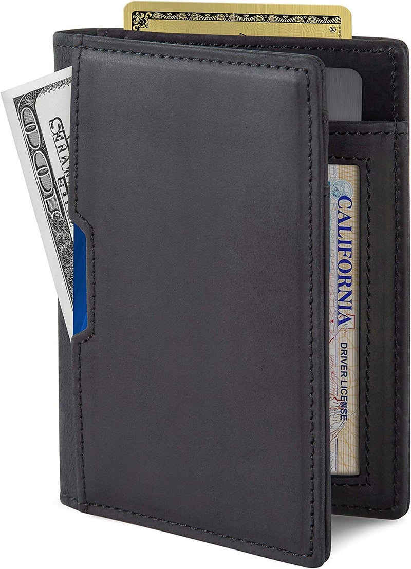 Contacts Wallets for Men Slim Mens Genuine Leather RFID Blocking Minimalist Card Front Pocket Bifold Card Holder Wallet with Smart Pull Strap | Folded Currency Slot (Black) - Image 2