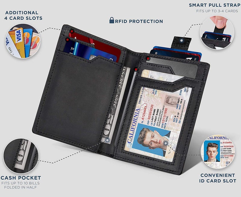 Contacts Wallets for Men Slim Mens Genuine Leather RFID Blocking Minimalist Card Front Pocket Bifold Card Holder Wallet with Smart Pull Strap | Folded Currency Slot (Black) - Image 5