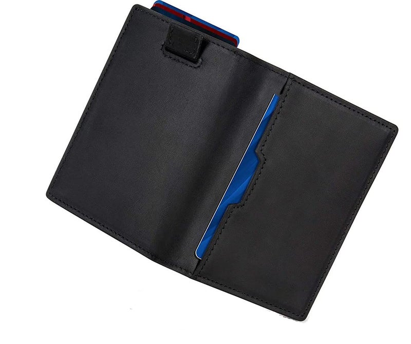 Contacts Wallets for Men Slim Mens Genuine Leather RFID Blocking Minimalist Card Front Pocket Bifold Card Holder Wallet with Smart Pull Strap | Folded Currency Slot (Black) - Image 1