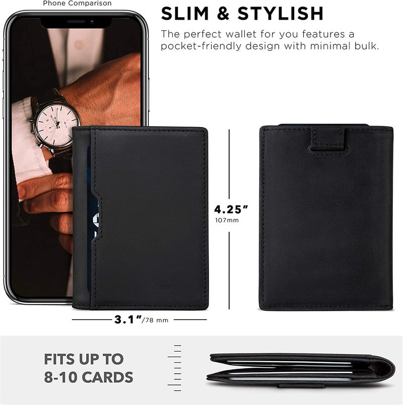 Contacts Wallets for Men Slim Mens Genuine Leather RFID Blocking Minimalist Card Front Pocket Bifold Card Holder Wallet with Smart Pull Strap | Folded Currency Slot (Black) - Image 4