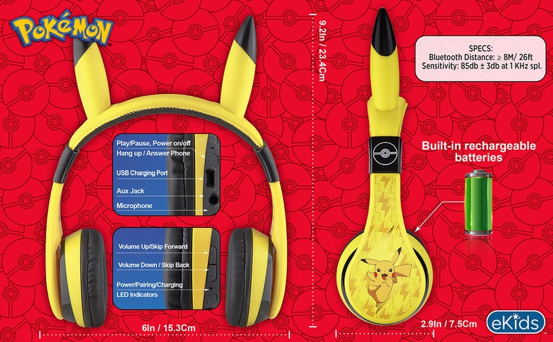 eKids Pokemon Kids Bluetooth Headphones, Wireless Headphones with Microphone Includes Aux Cord, Volume Reduced Kids Foldable Headphones for School, Home, or Travel,Yellow - Image 3