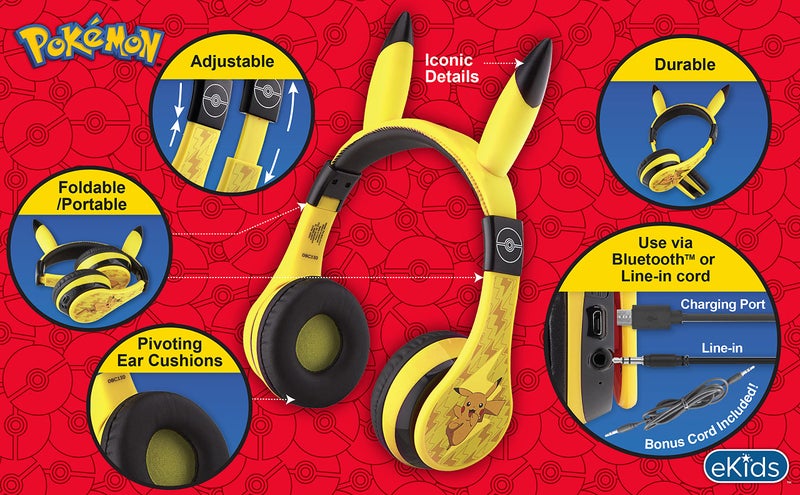 eKids Pokemon Kids Bluetooth Headphones, Wireless Headphones with Microphone Includes Aux Cord, Volume Reduced Kids Foldable Headphones for School, Home, or Travel,Yellow - Image 2