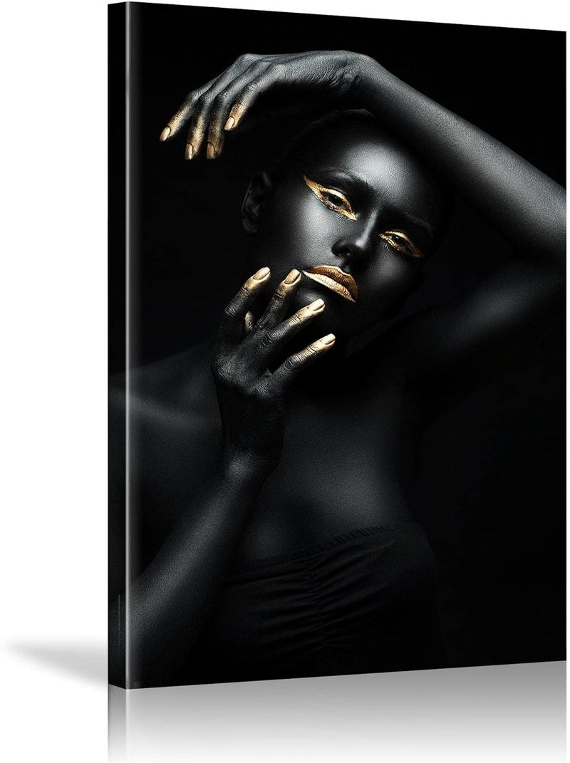 HYFBH Framed Wall Art Prints Black Gold African American Woman Canvas Wall Art African Pictures Wall Decor for Living Room Bedroom Kitchen Office Decorations Painting 16”x24” - Image 1