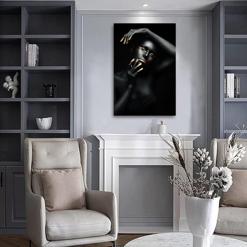 HYFBH Framed Wall Art Prints Black Gold African American Woman Canvas Wall Art African Pictures Wall Decor for Living Room Bedroom Kitchen Office Decorations Painting 16”x24” - Image 4