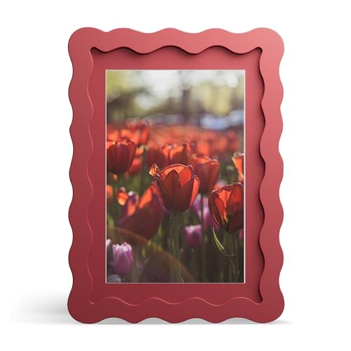THKRLOF 5x7 Picture Frame with Mat for 4x6 Wavy Edge Wooden Real Glass Photo Frame for Tabletop and Wall Hanging Red 1 Pack - Image 1