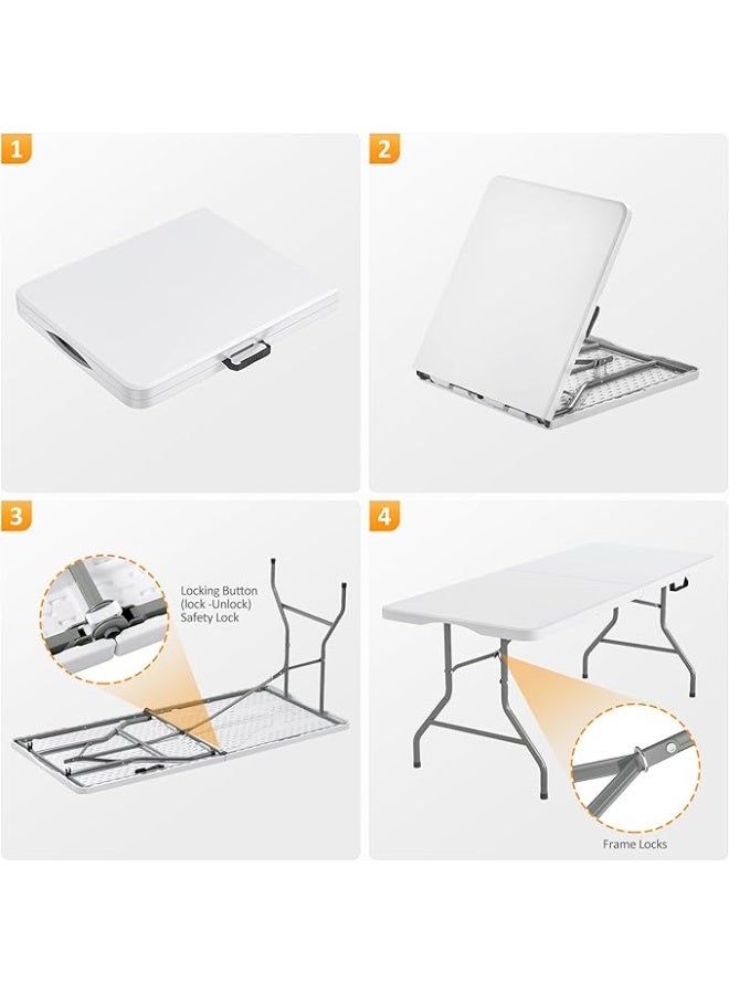 6FT Folding Table with Carrying Handle Portable Fold in Half Plastic Table with Safety Lock Metal Frame Heavy Duty Table for Dining Parties Camping Picnic Events and Outdoor Use - Image 2