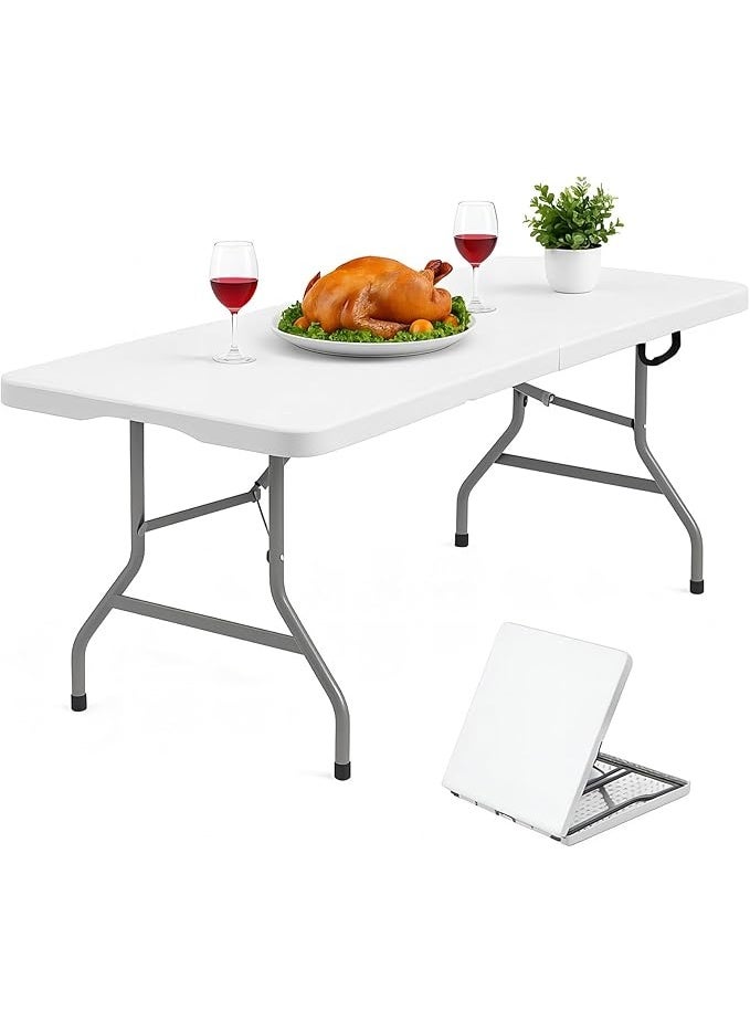 6FT Folding Table with Carrying Handle Portable Fold in Half Plastic Table with Safety Lock Metal Frame Heavy Duty Table for Dining Parties Camping Picnic Events and Outdoor Use - Image 1