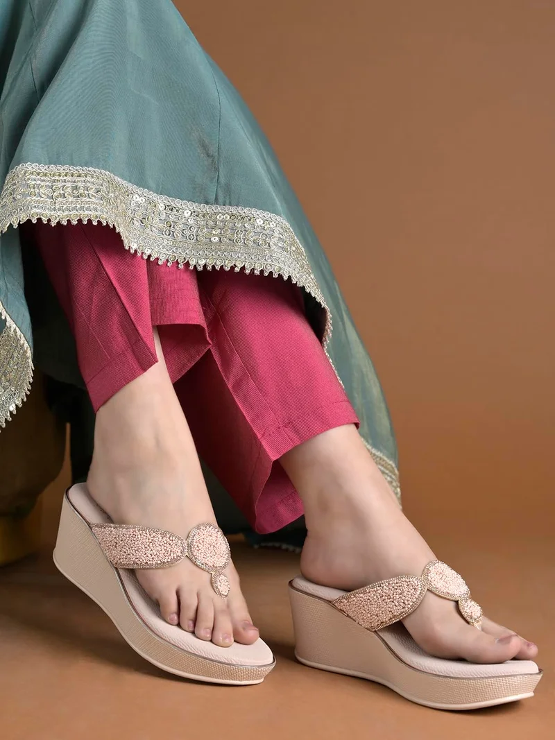 شوتوبيا Shoetopia Women’s Cream Embellished Ethnic Heels Pearl & Stone |Studded Party Block Heel – Traditional Bridal & Festive Footwear EU39