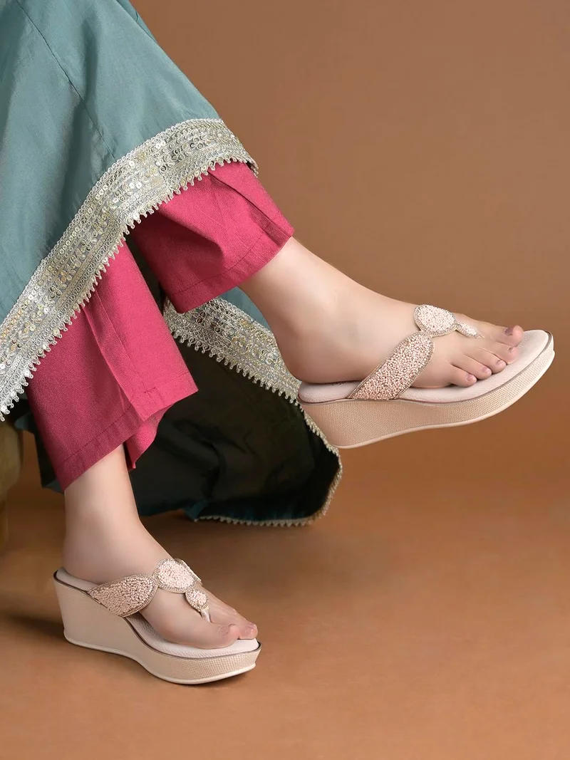 شوتوبيا Shoetopia Women’s Cream Embellished Ethnic Heels Pearl & Stone |Studded Party Block Heel – Traditional Bridal & Festive Footwear EU39