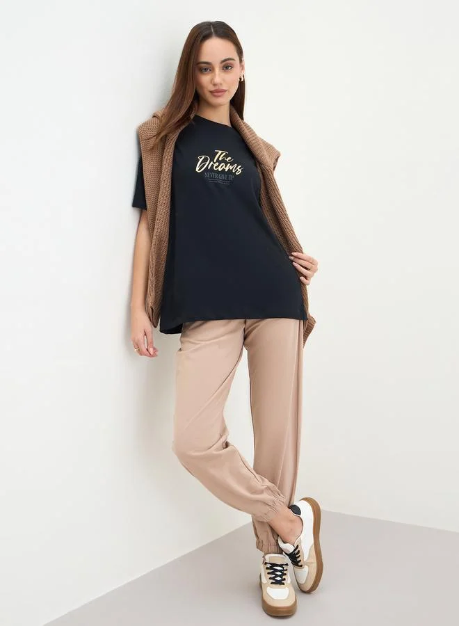Styli Black Slogan Print Oversized T-Shirt