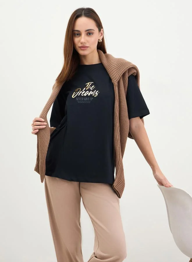 Styli Black Slogan Print Oversized T-Shirt