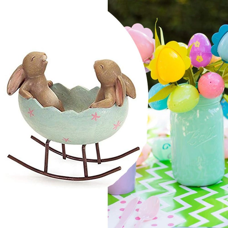KiaoTime Laughing Bunny Rabbits Rocking in an Easter Egg Cradle Spring Easter Decoration Vintage Rustic Country Bunnies Rabbit Figurine Statue (Bunnies in a Cradle) - Image 2