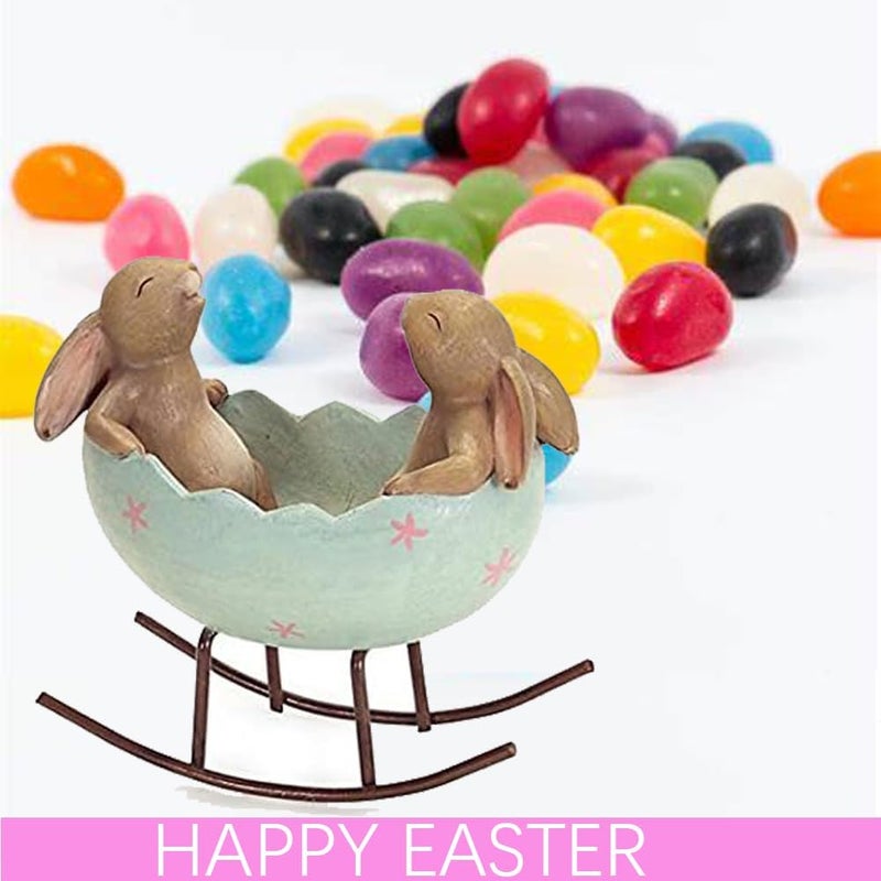 KiaoTime Laughing Bunny Rabbits Rocking in an Easter Egg Cradle Spring Easter Decoration Vintage Rustic Country Bunnies Rabbit Figurine Statue (Bunnies in a Cradle) - Image 3