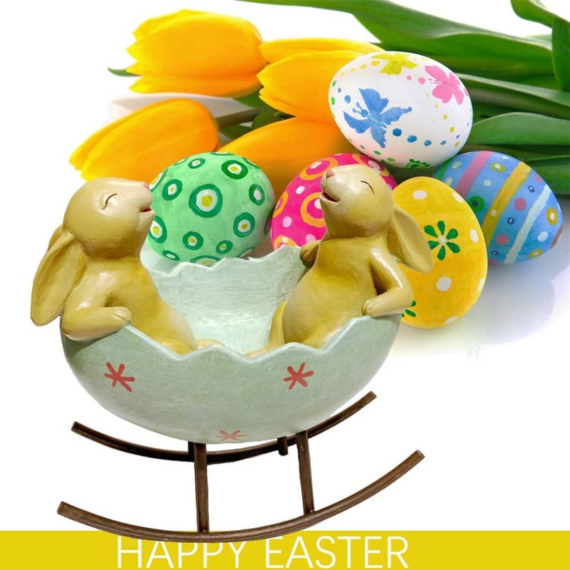 KiaoTime Laughing Bunny Rabbits Rocking in an Easter Egg Cradle Spring Easter Decoration Vintage Rustic Country Bunnies Rabbit Figurine Statue (Bunnies in a Cradle) - Image 4
