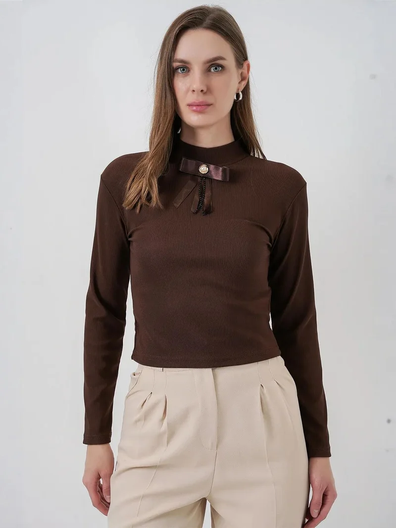 BIG DART BDART Fitted Long Sleeve Half Turtleneck Blouse with Ribbon Detail