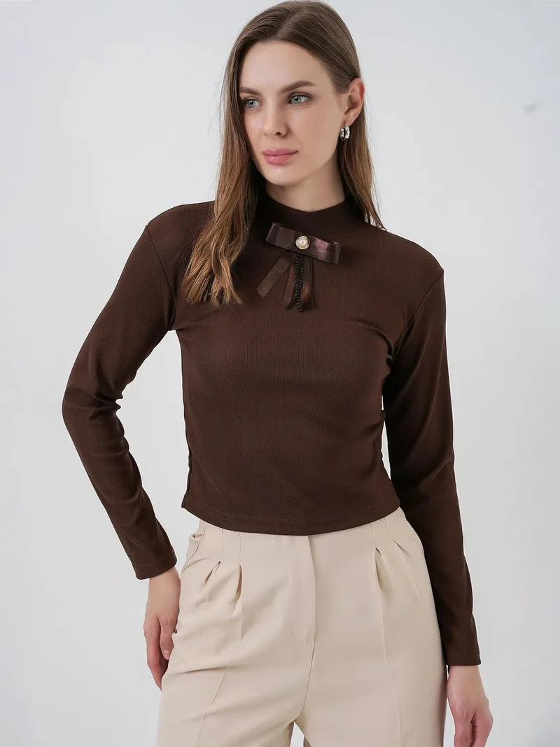 BIG DART BDART Fitted Long Sleeve Half Turtleneck Blouse with Ribbon Detail