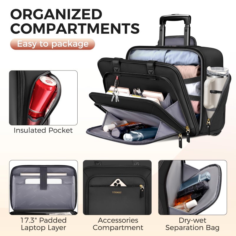 Ytonet Rolling Laptop Bag Women, 17.3 Inch Laptop Briefcase with Large Cup Holder, Carry On Luggage with Insulated & Waterproof Pocket, Roller Bag with Lock, Teacher Bag for Work Travel,Black - Image 3
