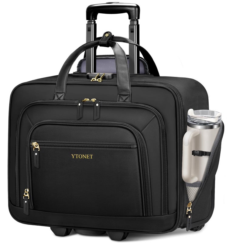 Ytonet Rolling Laptop Bag Women, 17.3 Inch Laptop Briefcase with Large Cup Holder, Carry On Luggage with Insulated & Waterproof Pocket, Roller Bag with Lock, Teacher Bag for Work Travel,Black - Image 1
