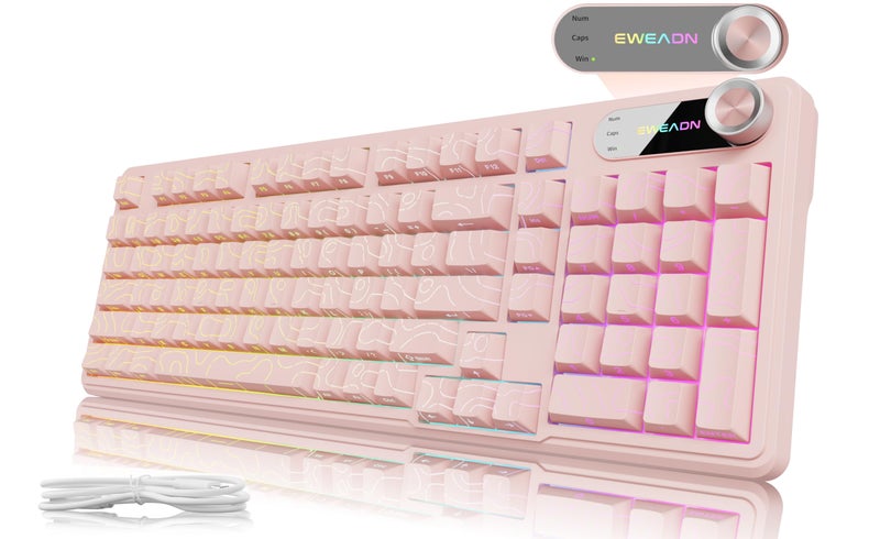 EWEADN V102 Wired Keyboard, 98 Keys Creamy Gaming Keyboard with Number Pad, Display Screen & Media Knob RGB Silent Wired Cute Computer Keyboard for Laptop PC Gamer - Light Pink - Image 1