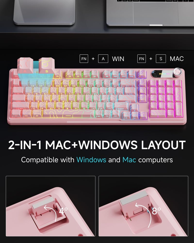 EWEADN V102 Wired Keyboard, 98 Keys Creamy Gaming Keyboard with Number Pad, Display Screen & Media Knob RGB Silent Wired Cute Computer Keyboard for Laptop PC Gamer - Light Pink - Image 5
