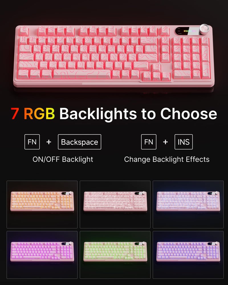 EWEADN V102 Wired Keyboard, 98 Keys Creamy Gaming Keyboard with Number Pad, Display Screen & Media Knob RGB Silent Wired Cute Computer Keyboard for Laptop PC Gamer - Light Pink - Image 3