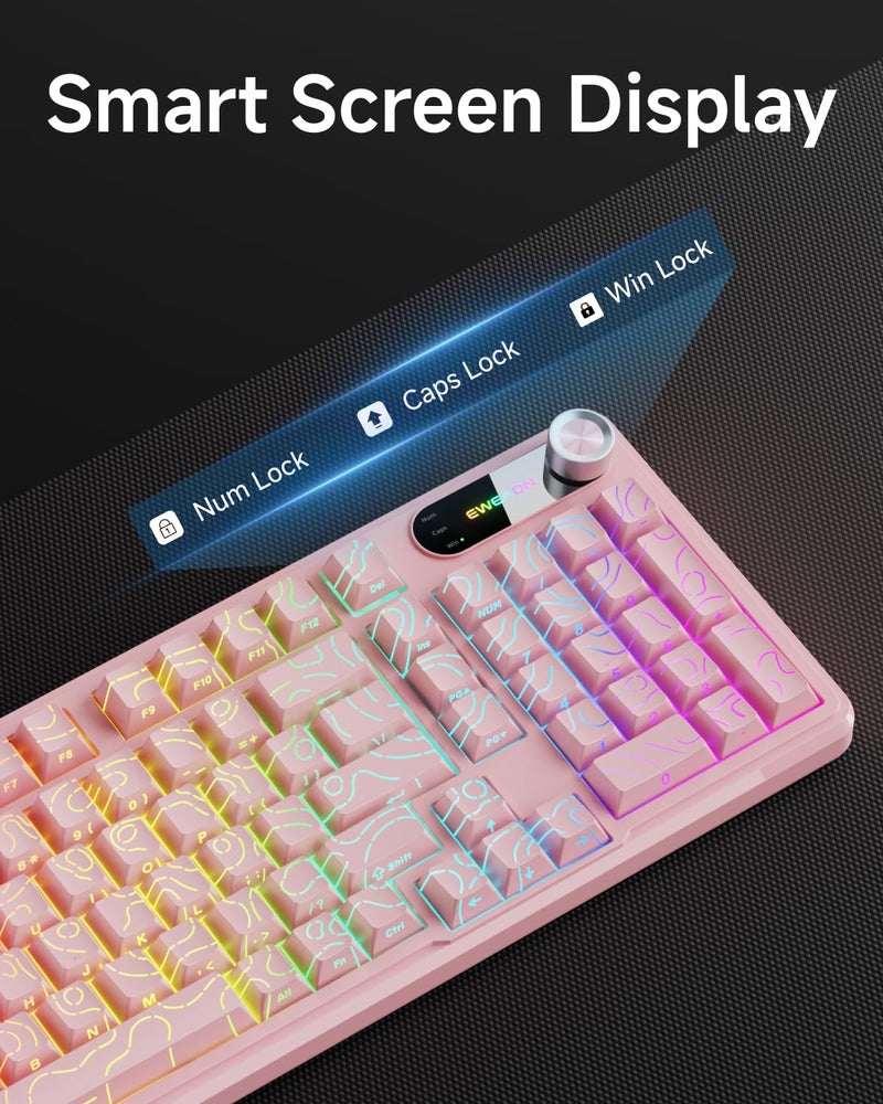EWEADN V102 Wired Keyboard, 98 Keys Creamy Gaming Keyboard with Number Pad, Display Screen & Media Knob RGB Silent Wired Cute Computer Keyboard for Laptop PC Gamer - Light Pink - Image 4