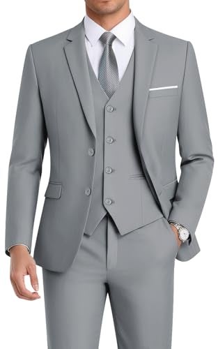 WEEN CHARM Suits for Men,3 Piece Slim Fit Suit Set with 2-Button Blazer,Vest,Pants,Tuxedo for Wedding,Prom,Party,Business Light Grey - Image 1