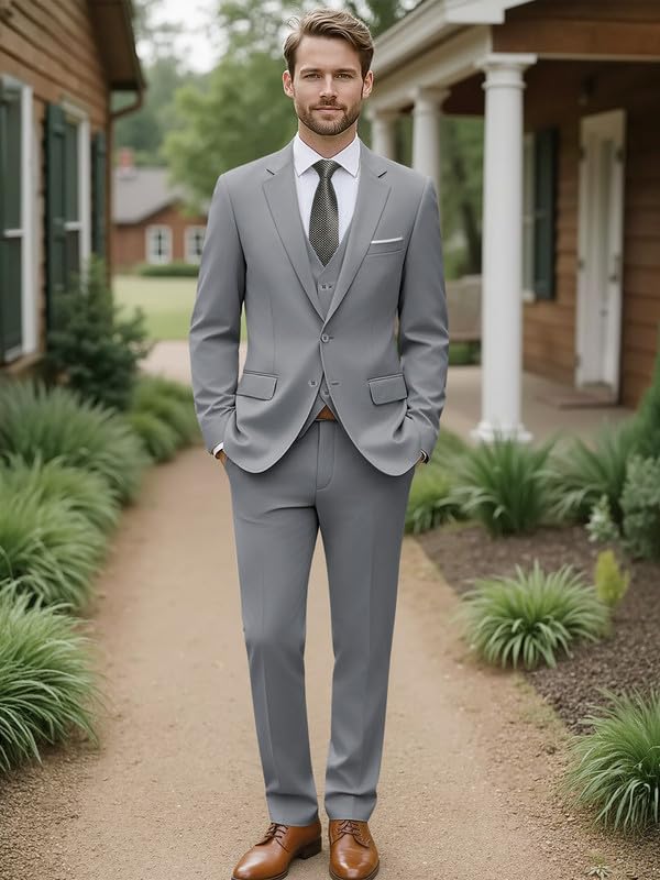 WEEN CHARM Suits for Men,3 Piece Slim Fit Suit Set with 2-Button Blazer,Vest,Pants,Tuxedo for Wedding,Prom,Party,Business Light Grey - Image 4