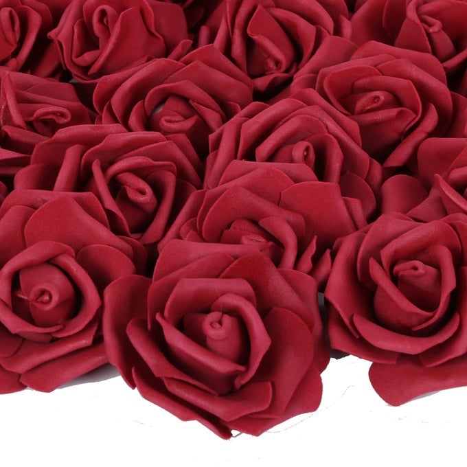 ARTIFICIAL ROSE FLOWERS100 PCS FOAM ROSE BULK BURGUNDY FAKE FLOWER HEADS FOR DIY WEDDING BOUQUETS ROSE WALL KISSING BALLS BRIDAL SHOWER CENTERPIECES ARRANGEMENTS PARTY TABLES DECORATIONSBURGUNDY