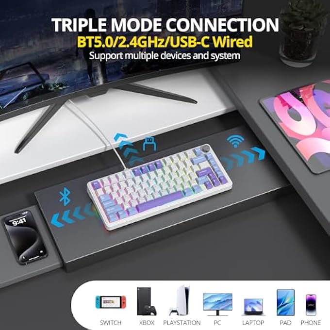 rayihni 75% PERCENT WIRELESS KEYBOARD WITH GASKET, TKL WIRELESS MECHANICAL GAMING KEYBOARD BLUETOOTH/2.4 GHZ/USB, AMERICA QWERTY, PRE-LUBRICATED SWITCH FOR PC M75-STARLIGHT - Image 3