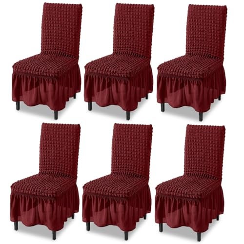 TONY STARK Polyester Turkish Bubble Frill Chair Cover Stretch Removable Washable Short Dining Chair Cover Protector Seat Slipcover (Maroon, Pack of 6) - Image 1