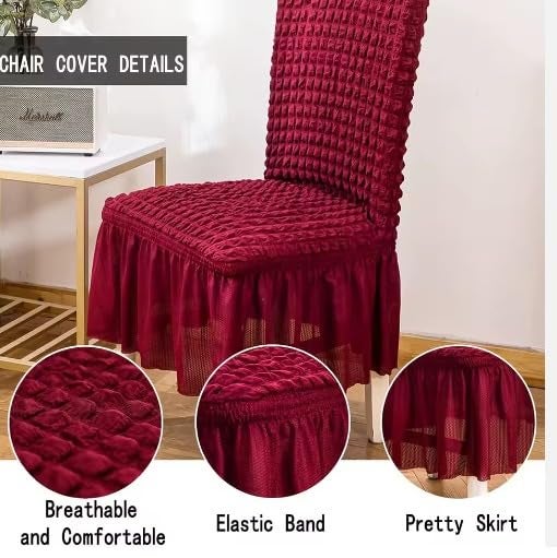 TONY STARK Polyester Turkish Bubble Frill Chair Cover Stretch Removable Washable Short Dining Chair Cover Protector Seat Slipcover (Maroon, Pack of 6) - Image 2