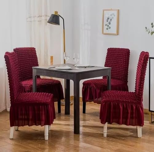 TONY STARK Polyester Turkish Bubble Frill Chair Cover Stretch Removable Washable Short Dining Chair Cover Protector Seat Slipcover (Maroon, Pack of 6) - Image 4