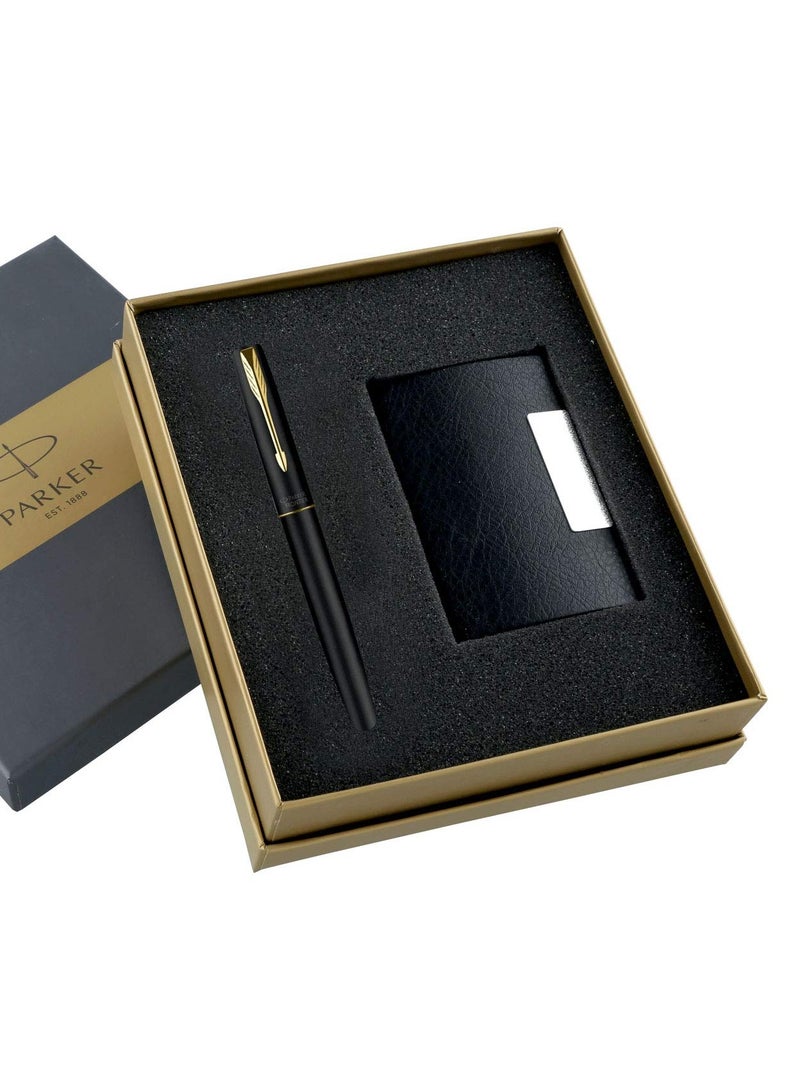 Parker Gift Set Frontier Matte Black Gold Trim Roller Ball Pen With Card Holder | 1 Pen + 1 Card Holder| Ink Color - Blue | Perfect For Employees | Unique Gifts For Entrepreneurs - Image 1