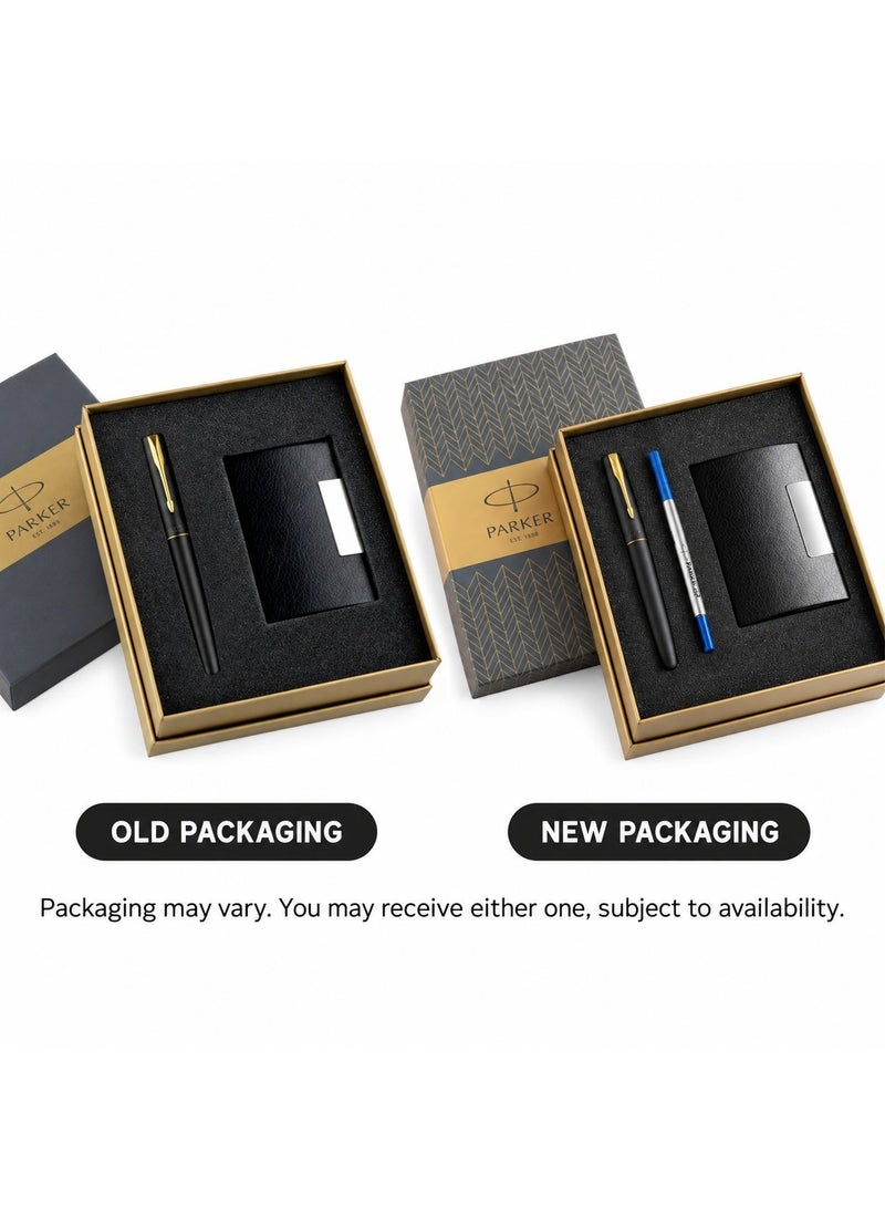 Parker Gift Set Frontier Matte Black Gold Trim Roller Ball Pen With Card Holder | 1 Pen + 1 Card Holder| Ink Color - Blue | Perfect For Employees | Unique Gifts For Entrepreneurs - Image 1