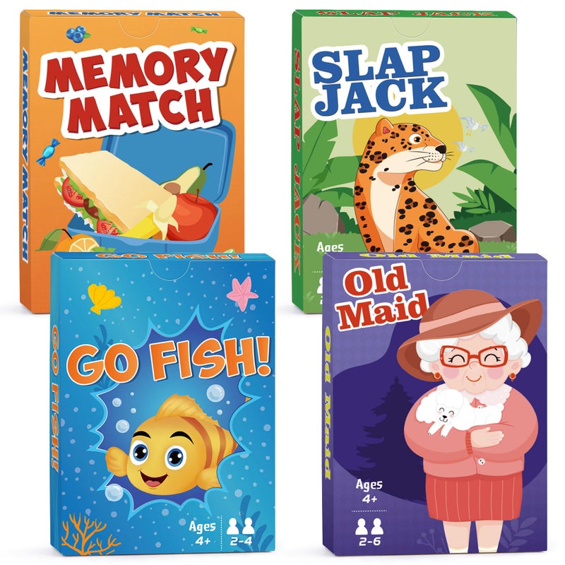 Timenued Card Games Go Fish,Old Maid,Slap Jack and Memory Match-4 Decks in 1 Pack,Classic Card Games for Kids Toddlers,Fun Kids Games for Family Party Game Night,Stocking Stuffers Gifts for Boys and Girls - Image 1