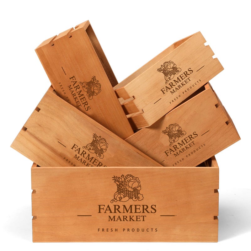 Barydat Set of 5 Wood Crates for Display Decorative Nesting Wooden Crate Storage with Handles Vintage Farmhouse Style Decorative Boxes Multipurpose Fruits Vegetables BoxesBrownClassic