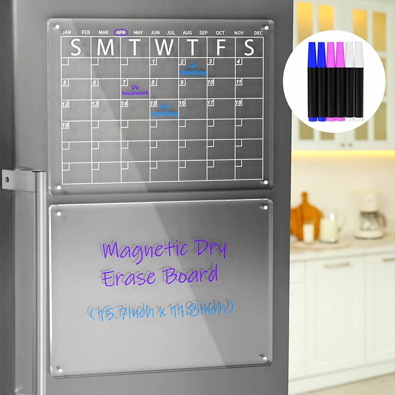 Best Media,(40x30cm) Clear Acrylic Magnetic Dry Erase Board and Calendar for Fridge,(Set of 2),Includes 6 Markers ٢بورد مغناطيسي من الاكريليك الشفاف للملاحظات والتخطيط - Image 1